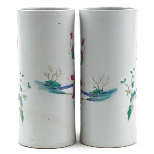 134 - Pair of Chinese porcelain cylindrical vases hand painted in the famille rose palette with a family p... 