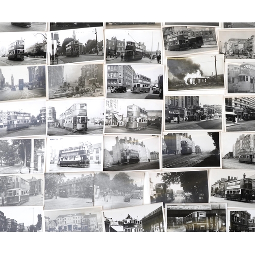 1717 - Collection of Mid 20th century tram black and white photographs, predominantly of London, each with ... 