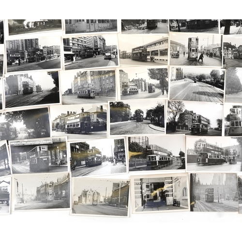 1717 - Collection of Mid 20th century tram black and white photographs, predominantly of London, each with ... 