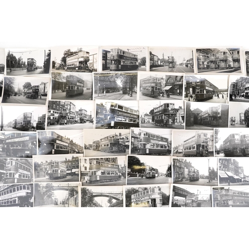 1718 - Collection of Mid 20th century tram black and white photographs, predominantly of London, each with ... 