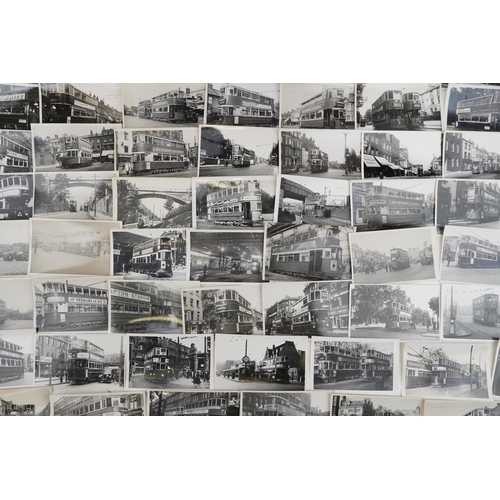 1718 - Collection of Mid 20th century tram black and white photographs, predominantly of London, each with ... 