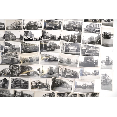 1718 - Collection of Mid 20th century tram black and white photographs, predominantly of London, each with ... 