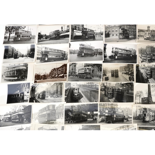 1721 - Collection of Mid 20th century tram black and white photographs, predominantly of London, each with ... 