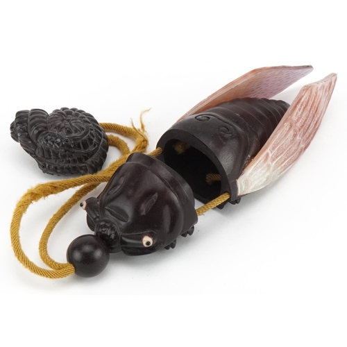 2414 - Japanese carved boxwood two section inro in the form of a fly with mother of pearl wings and inset m... 