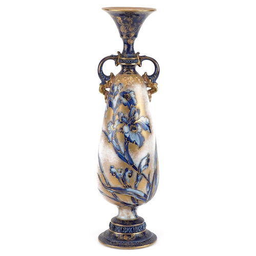 429 - Doulton Burslem, large aesthetic vase with twin handles hand painted and gilded with iris, impressed... 