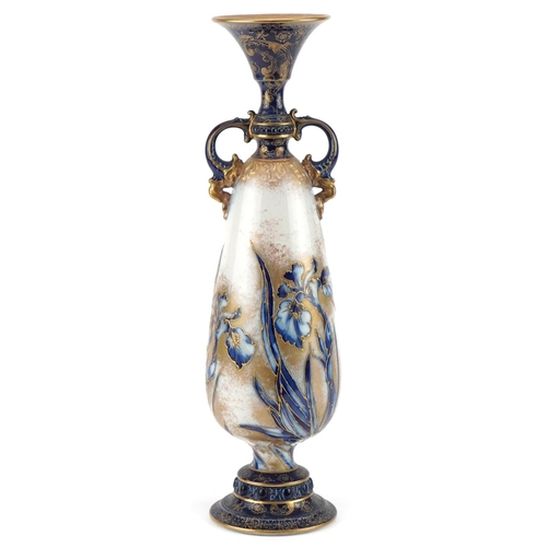 429 - Doulton Burslem, large aesthetic vase with twin handles hand painted and gilded with iris, impressed... 