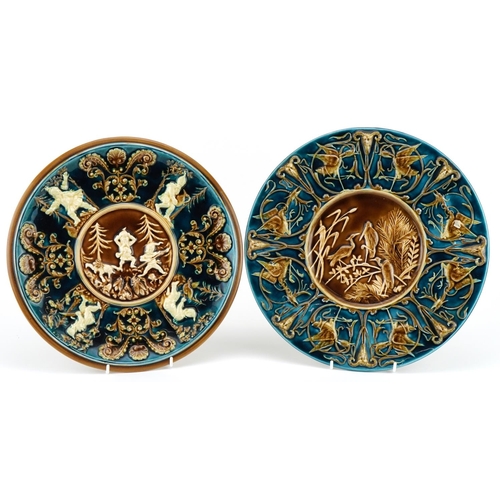 233 - Schutz Blansko, two Austrian aesthetic Majolica blue ground wall plates including one decorated in l... 