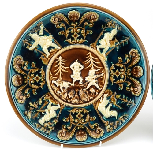 233 - Schutz Blansko, two Austrian aesthetic Majolica blue ground wall plates including one decorated in l... 