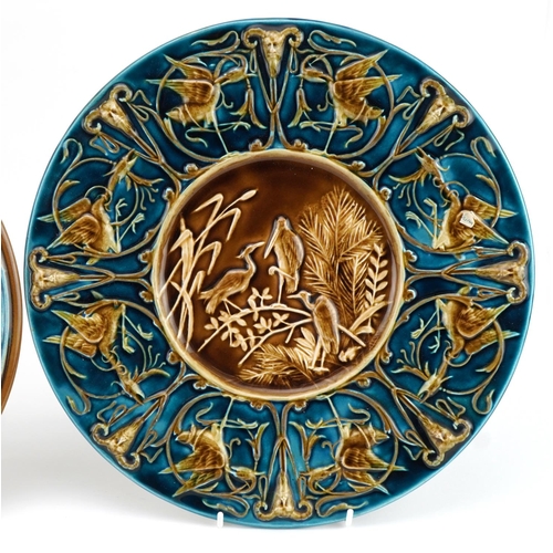 233 - Schutz Blansko, two Austrian aesthetic Majolica blue ground wall plates including one decorated in l... 