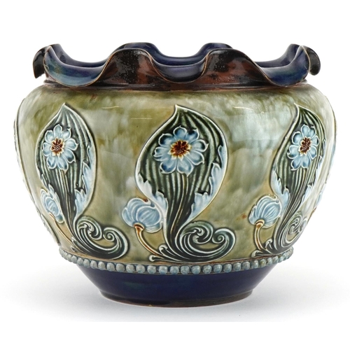 431 - Royal Doulton, Art Nouveau stoneware jardiniere with frilled rim hand painted and decorated in low r... 