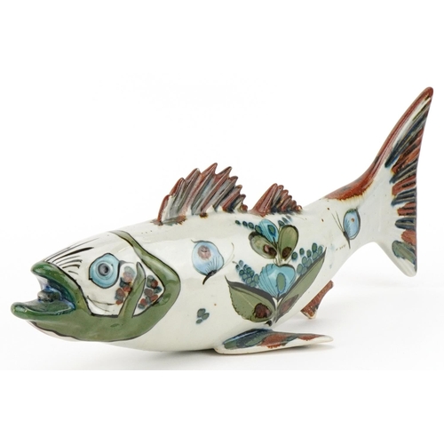 334 - Mid century Mexican pottery sculpture of a stylised fish hand painted with flowers, 40cm in length