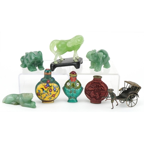 2483 - Chinese sundry items including three snuff bottles, brass rickshaw, four jade carvings and a Wang Mu... 