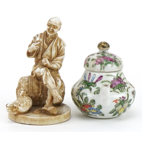 2506 - Miniature Chinese famille rose porcelain teapot and a Japanese porcelain figure of a flower seller, ... 