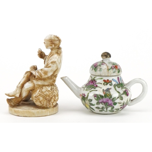 2506 - Miniature Chinese famille rose porcelain teapot and a Japanese porcelain figure of a flower seller, ... 