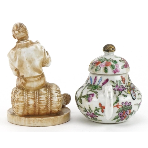 2506 - Miniature Chinese famille rose porcelain teapot and a Japanese porcelain figure of a flower seller, ... 