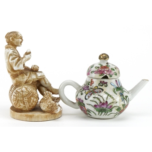 2506 - Miniature Chinese famille rose porcelain teapot and a Japanese porcelain figure of a flower seller, ... 