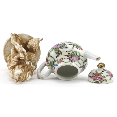 2506 - Miniature Chinese famille rose porcelain teapot and a Japanese porcelain figure of a flower seller, ... 