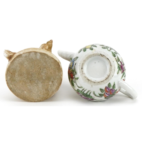 2506 - Miniature Chinese famille rose porcelain teapot and a Japanese porcelain figure of a flower seller, ... 