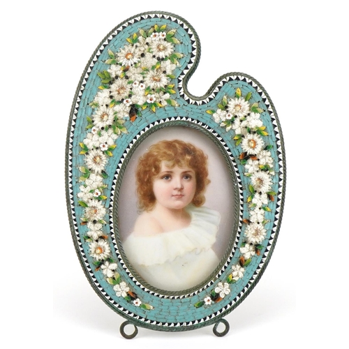 219 - 19th century Italian micro mosaic frame in the form of an easel inlaid with flowers housing an oval ... 