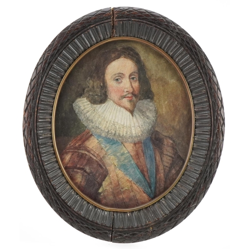 223 - Head and shoulder portrait of King Charles I, 19th century oval watercolour, mounted, framed and gla... 