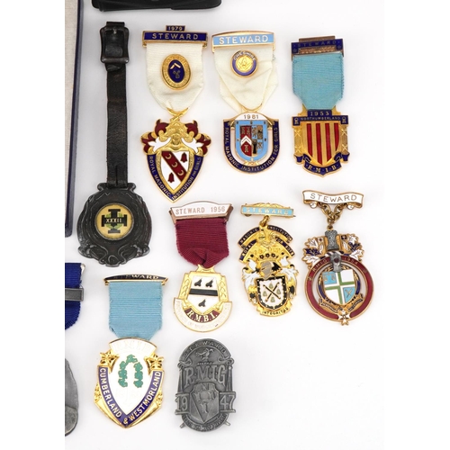 1631 - Collection of masonic jewels and badges, mostly with enamel, including Cumberland & Westmoreland and... 