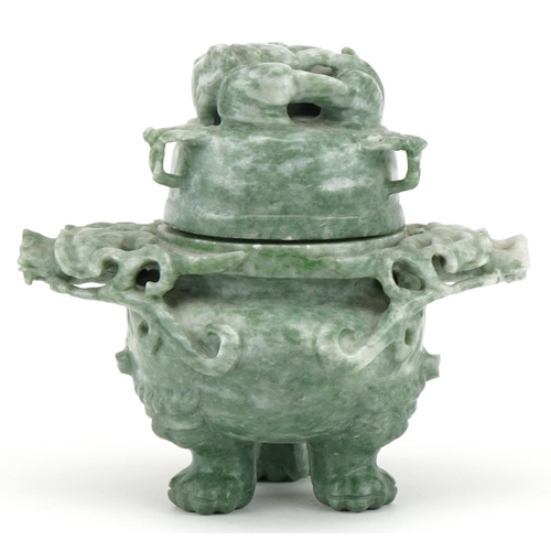 2348 - Chinese carved green hardstone tripod lidded censer with dragon handles, 13.5cm high