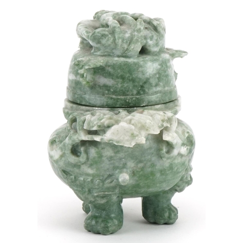 2348 - Chinese carved green hardstone tripod lidded censer with dragon handles, 13.5cm high