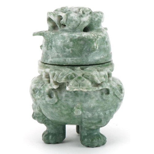 2348 - Chinese carved green hardstone tripod lidded censer with dragon handles, 13.5cm high