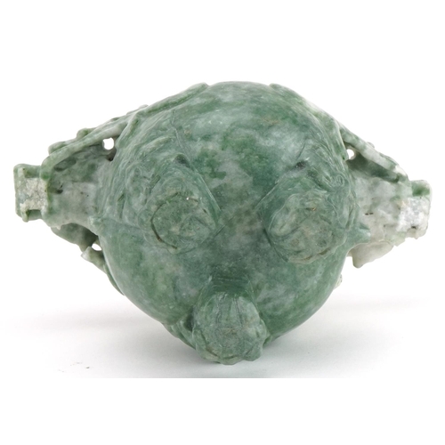 2348 - Chinese carved green hardstone tripod lidded censer with dragon handles, 13.5cm high