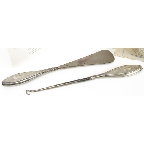 2365 - Sundry items including silver handled buttonhook and matching shoehorn and a silver medallion from T... 