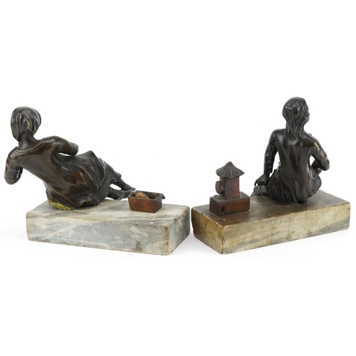 110 - Pair of 19th French century classical patinated bronzes of peasants raised on rectangular marble bas... 