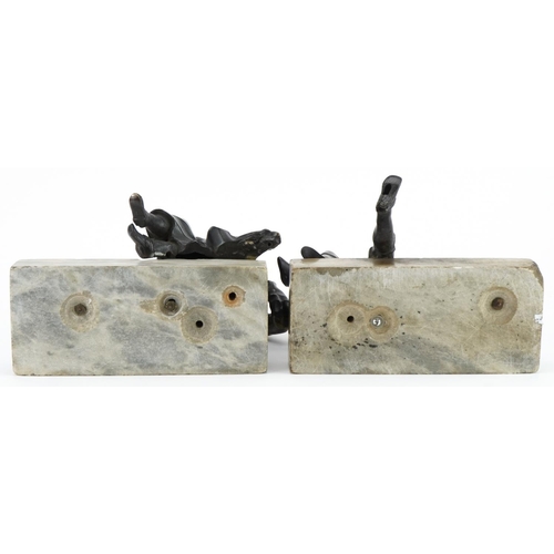 110 - Pair of 19th French century classical patinated bronzes of peasants raised on rectangular marble bas... 