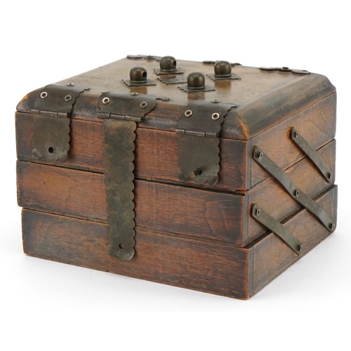 2416 - Gothic style hardwood three section cantilever box with hinged lid and brass mounts, 12cm H x 17.5cm... 