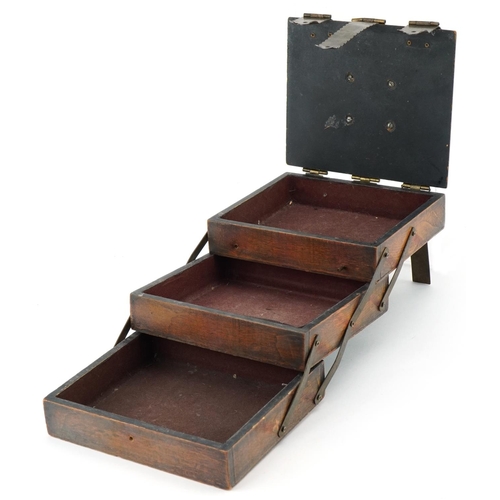 2416 - Gothic style hardwood three section cantilever box with hinged lid and brass mounts, 12cm H x 17.5cm... 