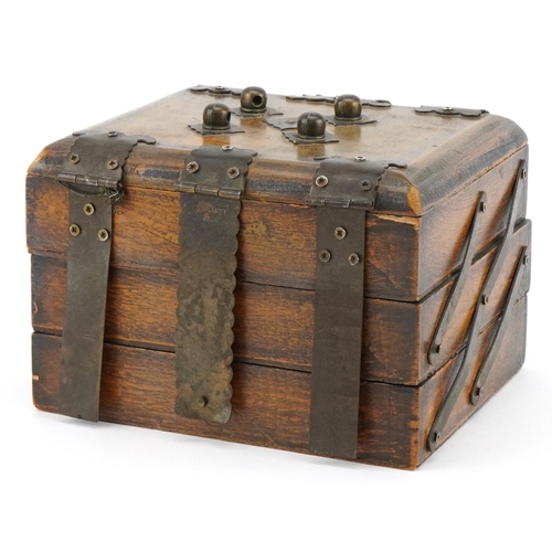 2416 - Gothic style hardwood three section cantilever box with hinged lid and brass mounts, 12cm H x 17.5cm... 