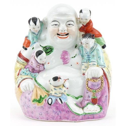 721 - Chinese porcelain figure of Happy Buddha surmounted with five children, 25.5cm high