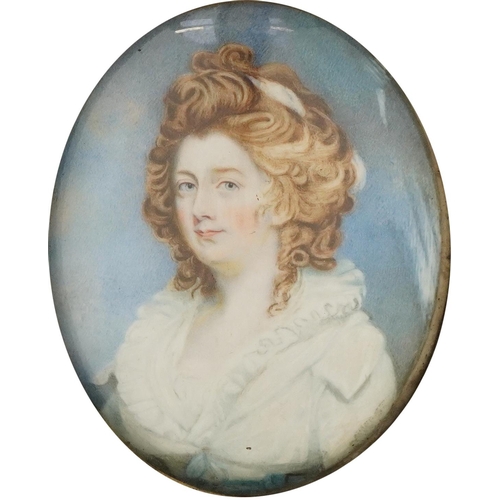 210 - Early 19th century English school oval hand painted portrait miniature onto ivory of a lady wearing ... 