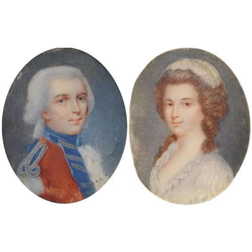 209 - Pair of Georgian oval hand painted portrait miniatures onto ivory of a male in naval dress and a fem... 