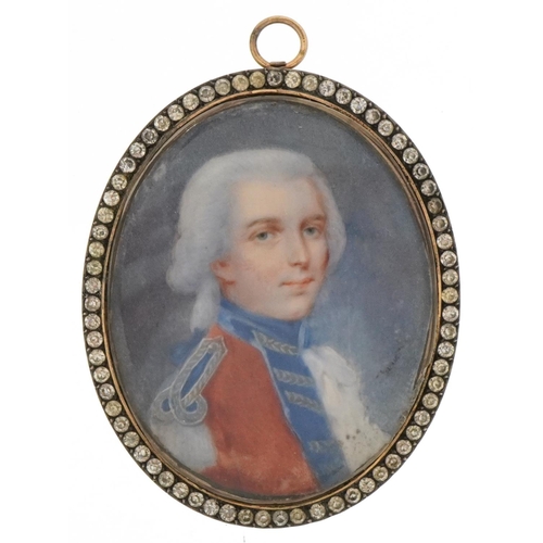 209 - Pair of Georgian oval hand painted portrait miniatures onto ivory of a male in naval dress and a fem... 