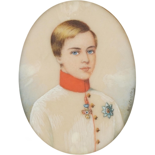 216 - Imperial Russian oval hand painted portrait miniature onto ivory of young Franz Joseph, Emperor of A... 