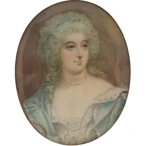 208 - 18th/19th century oval hand painted portrait miniature onto ivory of a female wearing a pearl neckla... 