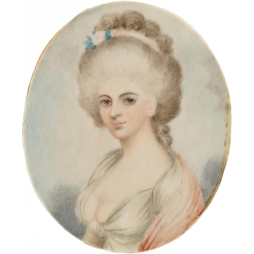 207 - Manner of Andrew Plimer, Early 19th century oval hand painted portrait miniature of a female with gr... 