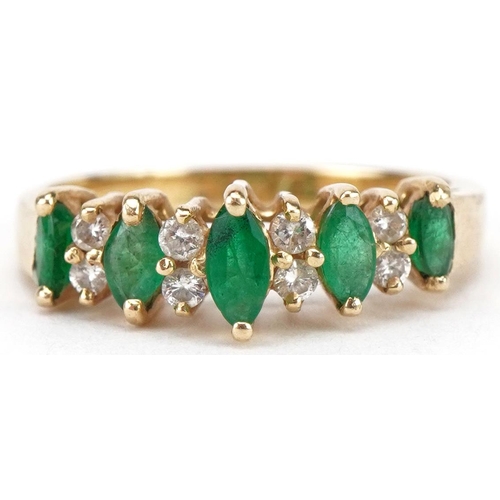 3454 - 18ct gold emerald and diamond five tier half eternity ring, size M, 3.5g