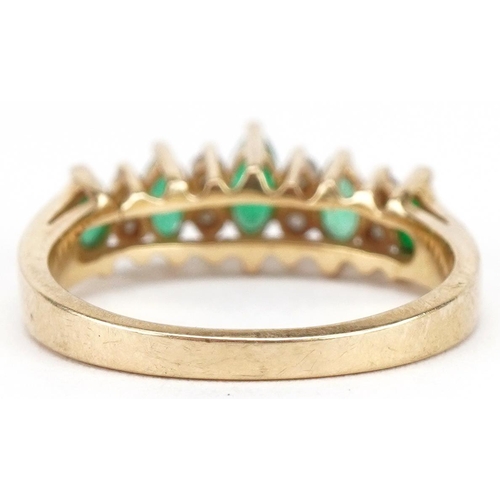 3454 - 18ct gold emerald and diamond five tier half eternity ring, size M, 3.5g