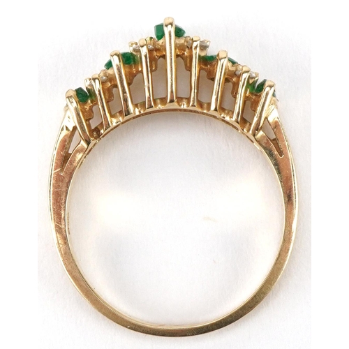 3454 - 18ct gold emerald and diamond five tier half eternity ring, size M, 3.5g