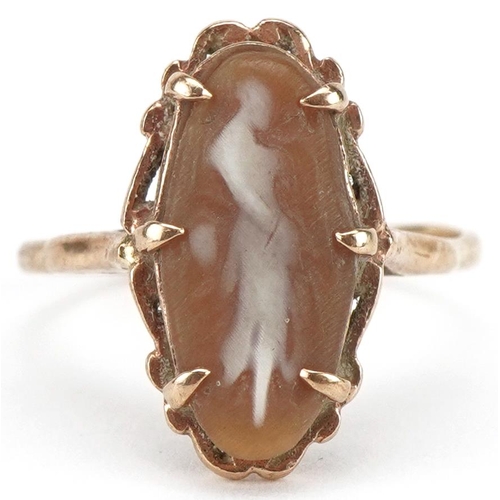 3446 - 9ct gold cameo shell ring carved with a maiden, size M, 2.3g