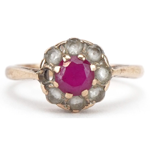 3402 - 9ct gold ruby and clear stone cluster ring, size L, 2.5g