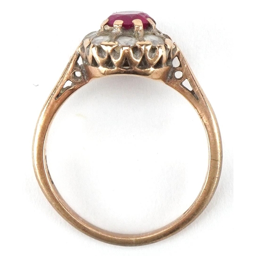 3402 - 9ct gold ruby and clear stone cluster ring, size L, 2.5g