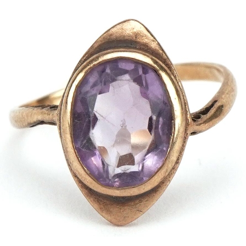 3518 - Modernist gold amethyst solitaire ring, indistinct hallmarks, tests as 9ct gold, size K, 1.9g