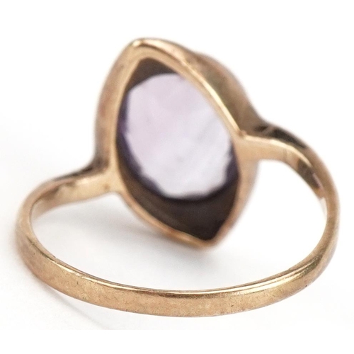 3518 - Modernist gold amethyst solitaire ring, indistinct hallmarks, tests as 9ct gold, size K, 1.9g